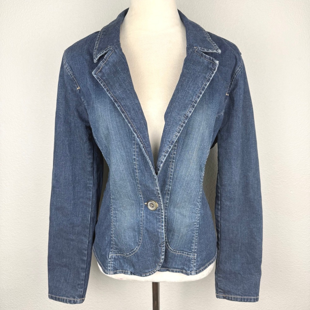 Y2K Covington Stretch Denim Blazer Medium Wash Single Button Jean Jacket Large